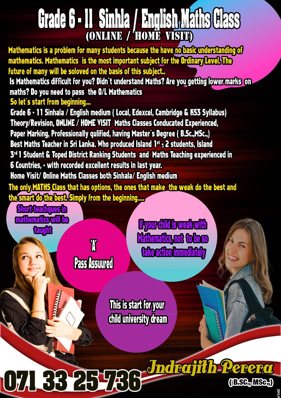MATHS FOR GRADE 6 – 11 – (SINHALA / ENGLISH) MEDIUM – ONLINE/HOME VISIT